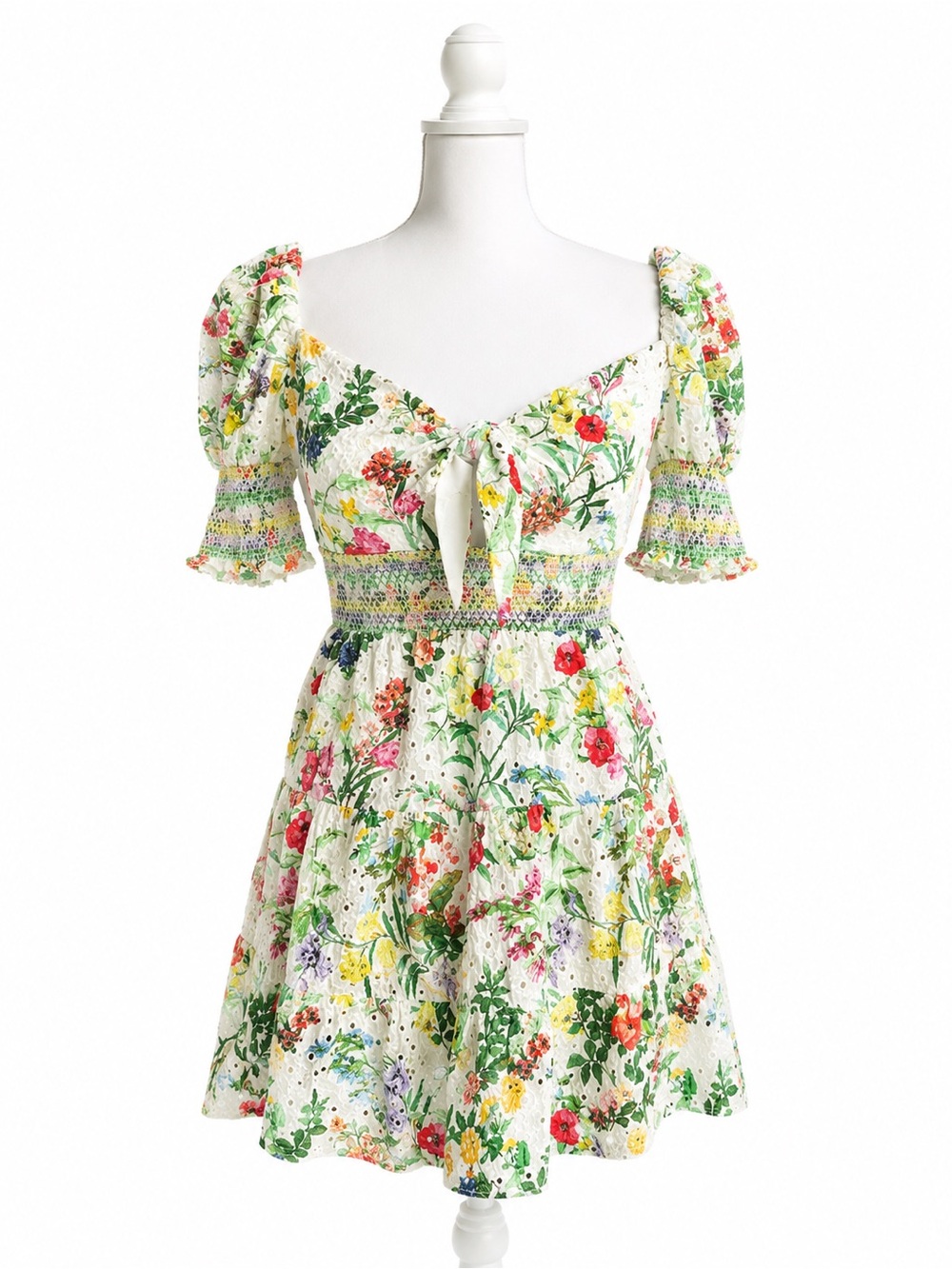 Alice + Olivia 'Kristie' Puff-Sleeve Mini-Dress, Off White/Multi Sz 0